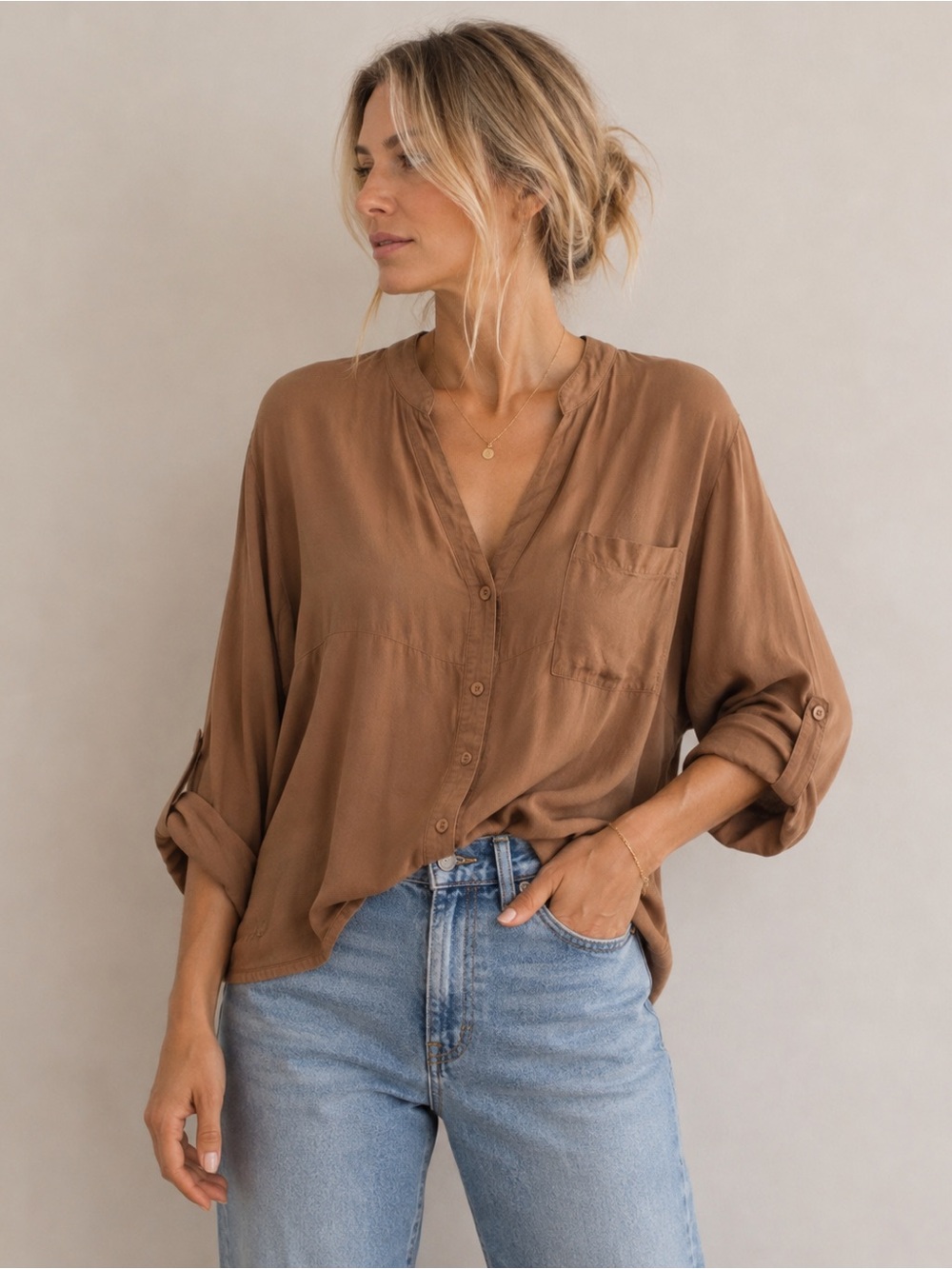 Young Fabulous & Broke Long Sleeve Button Down Relaxed Utility shirt in tan